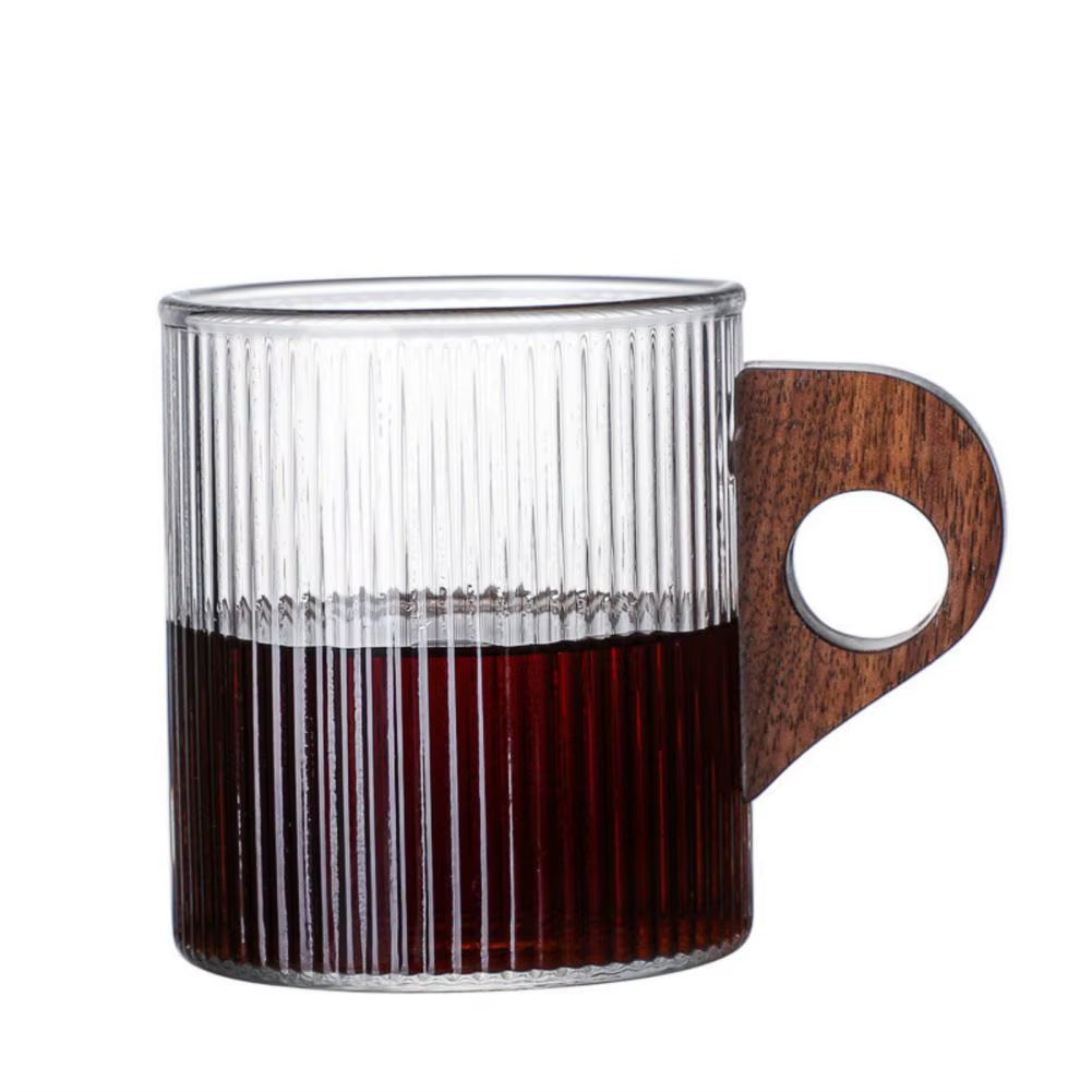 Glass Coffee Mug Japanese-Style Glass Cup with Wooden Handle Vertical Stripes Tea Milk Cup Home Office Drinkware Beer Mug Gift