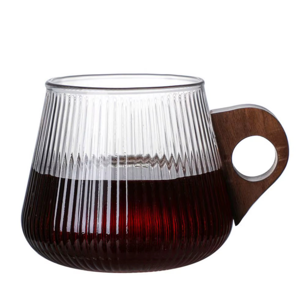 Glass Coffee Mug Japanese-Style Glass Cup with Wooden Handle Vertical Stripes Tea Milk Cup Home Office Drinkware Beer Mug Gift