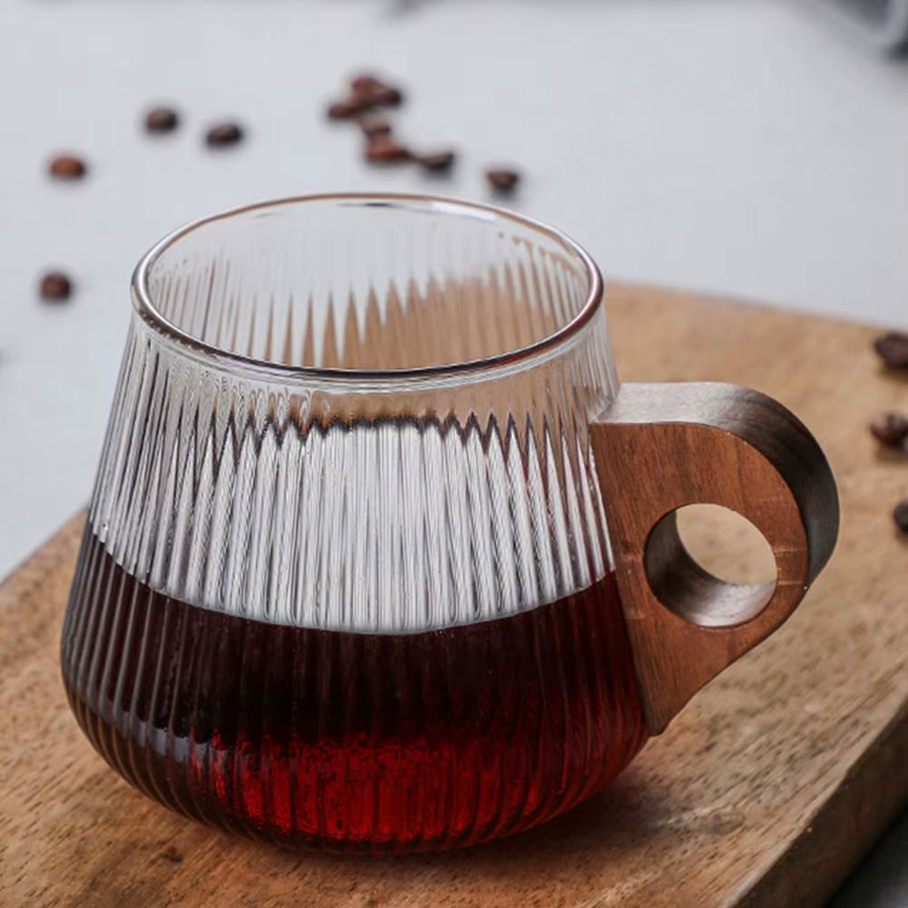 Glass Coffee Mug Japanese-Style Glass Cup with Wooden Handle Vertical Stripes Tea Milk Cup Home Office Drinkware Beer Mug Gift