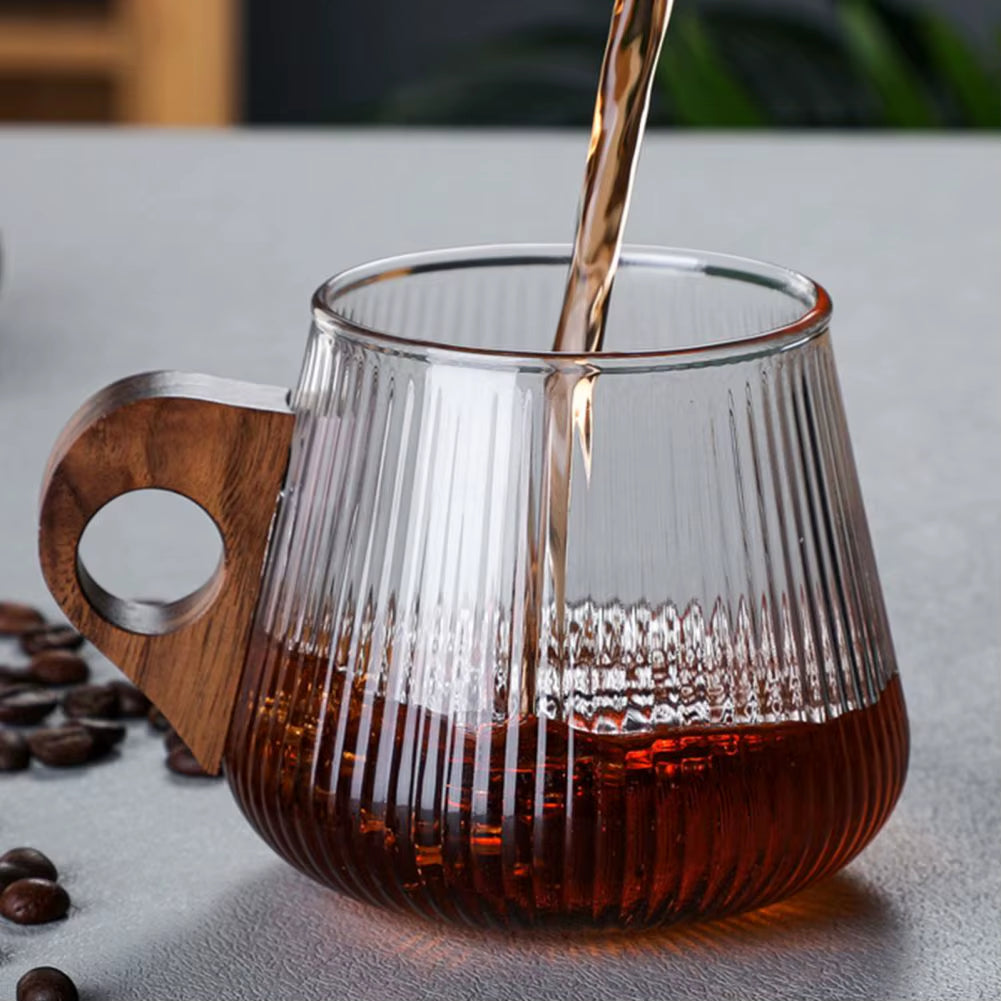 Glass Coffee Mug Japanese-Style Glass Cup with Wooden Handle Vertical Stripes Tea Milk Cup Home Office Drinkware Beer Mug Gift