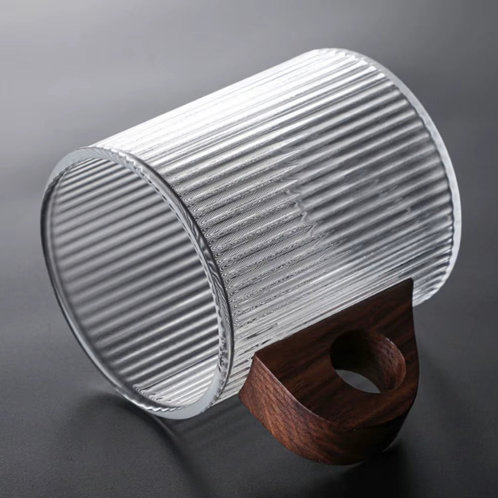 Glass Coffee Mug Japanese-Style Glass Cup with Wooden Handle Vertical Stripes Tea Milk Cup Home Office Drinkware Beer Mug Gift
